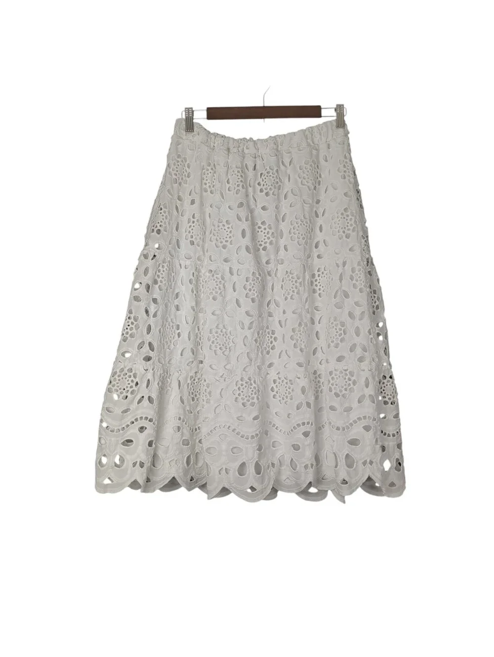 LIV Los Angeles White Eyelet Lace Midi Skirt Tiered Smocked Boho Summer Size M